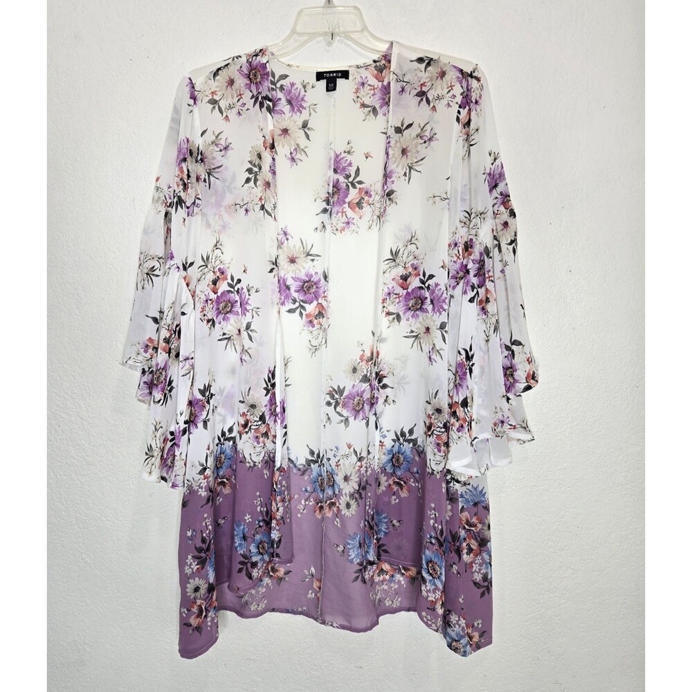 TORRID Floral Chiffon Kimono Bell Sleeve Open Front Cardigan White Purple